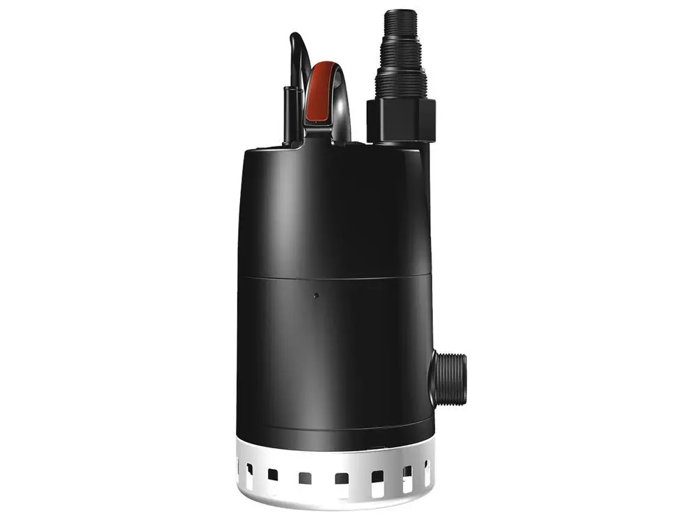 Tauchmotorpumpe von Grundfos mit einem kompakten Design, ausgestattet mit einem Schlauchanschluss und einem integrierten Schwimmerschalter zur automatischen Steuerung.